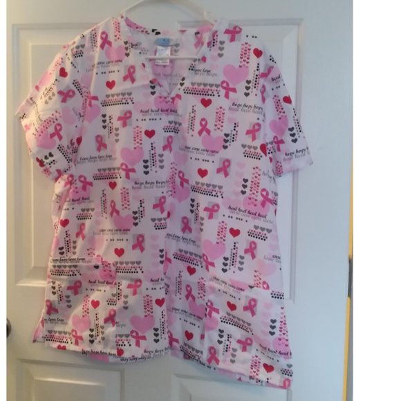 NWOT Women's Scrub Top October Breast Cancer Nursing Medical Dental-fields XL - Picture 1 of 8